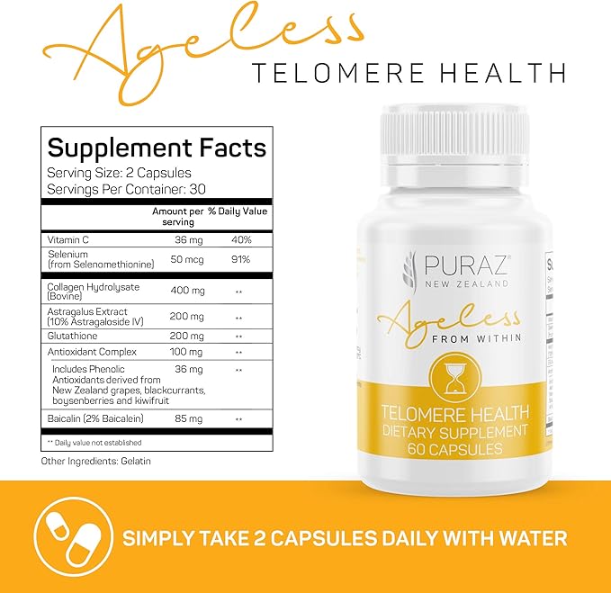 Telomere Supplements w/Potent Astragalus Root Extract and Collagen | Superior Immune Support, Anti-Aging, DNA Repair | Pure Telomerase Enzyme for Telomere Lengthening and Support | 60 Capsules