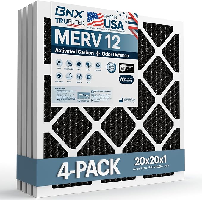 BNX TruFilter 20x20x1 MERV 12 Odor Defense (4-Pack) AC Furnace Air Filter with Activated Carbon - MADE IN USA - Pleated Air Conditioner HVAC AC Furnace Filters - Removes Odor, Mold, Bacteria, Smoke