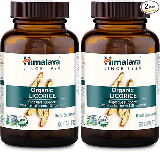 Himalaya Organic Licorice, 120 Day Supply - Digestive Health Supplement for Upset Stomach, Occasional Bloating and Heartburn - USDA Organic, Vegan, Non-GMO, Non-DGL, Gluten Free, 60 Caplets, 2 Pack