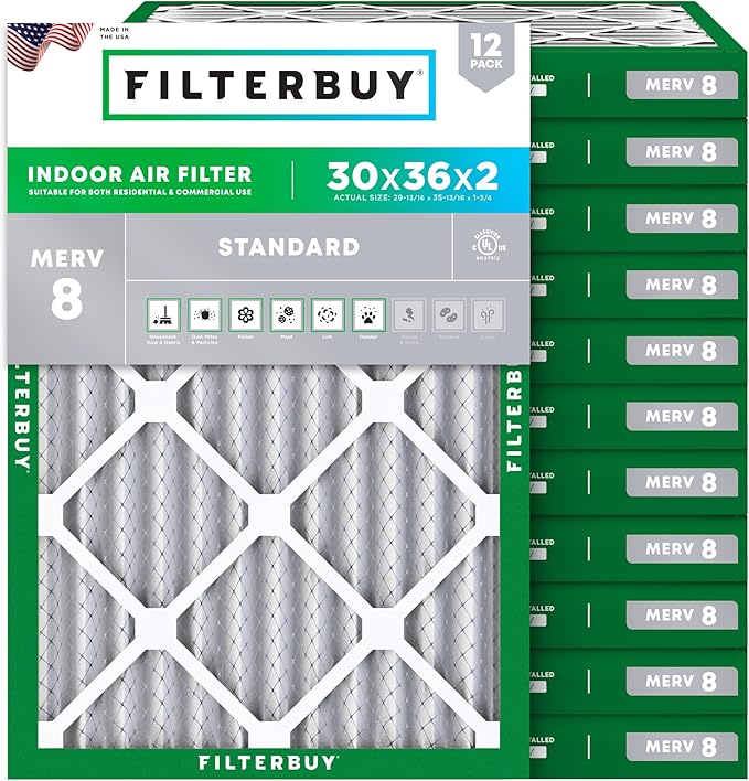 Filterbuy 30x36x2 Air Filter MERV 8 (MPR 700) Dust Defense Replacement (12-Pack), Electrostatic Pleated HVAC AC Furnace Filters, Made in USA (Actual Size: 29.81 x 35.81 x 1.75)