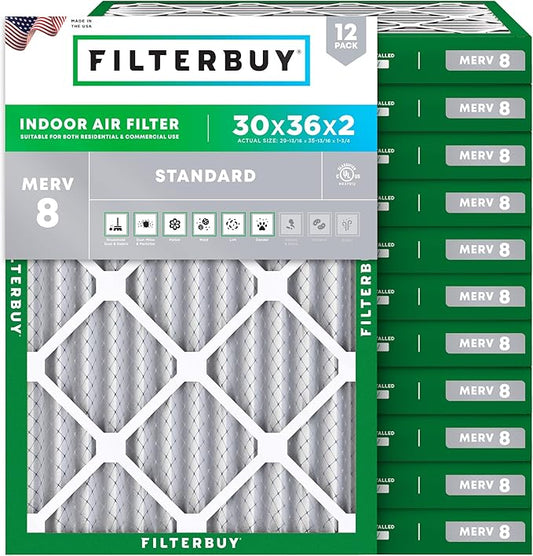 Filterbuy 30x36x2 Air Filter MERV 8 (MPR 700) Dust Defense Replacement (12-Pack), Electrostatic Pleated HVAC AC Furnace Filters, Made in USA (Actual Size: 29.81 x 35.81 x 1.75)