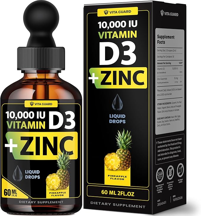 Vitamin D3 Drops with Zinc – 10,000 IU D3 & 15 mg Zinc Liquid Supplement – Immune Support for Men & Women – Sugar-Free Pineapple Flavor – 30-Day Supply