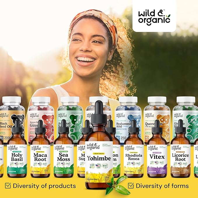 Wild & Organic Yohimbe Supplements for Men & Women - 5 mg Yohimbine Liquid Extract Drops - Pausinystalia Yohimbe Bark Tincture - Vegan, Alcohol-Free - 2 fl oz