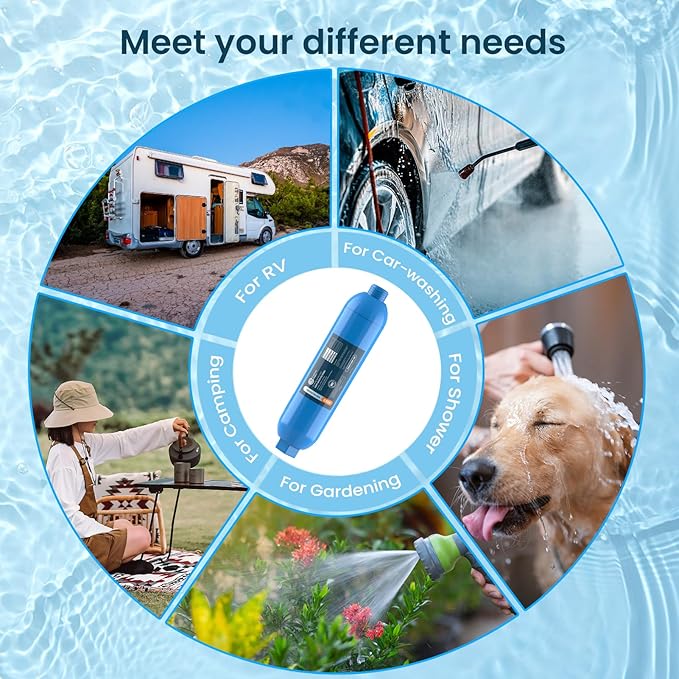 CRYSTALA RV/Camper Water Filter, Inline Water Filter Effectively Reduces Bad Taste, Odors, Chlorine and Sediment for RVs and Marines, 3 Pack Filter with 2 Flexible Hose Protector