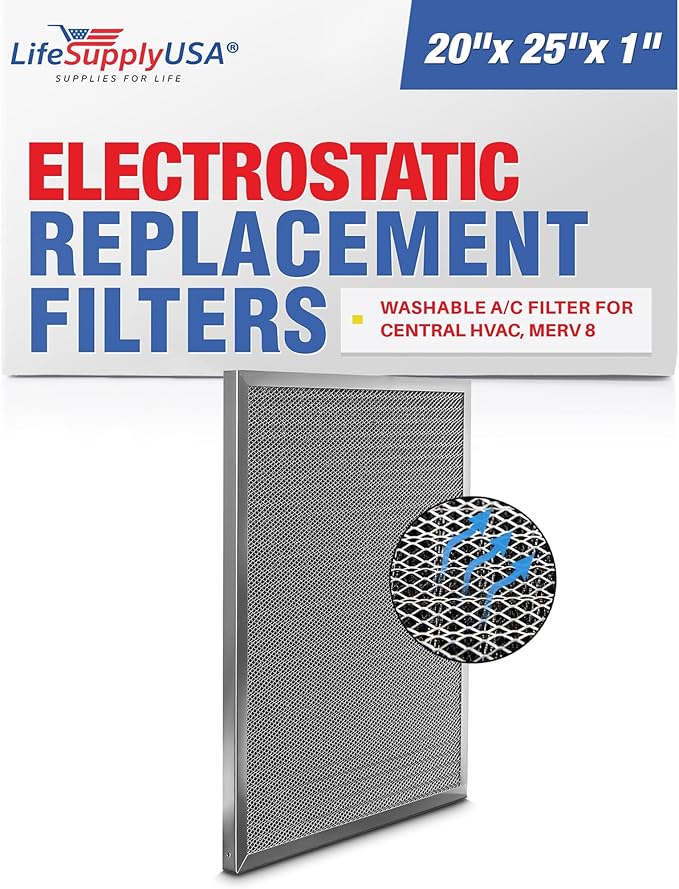20x25x1 Electrostatic Air Filter, MERV 8, Washable, Reusable Furnace AC/HVAC Filter, Energy Saving, Easy to Clean, Long-Lasting by LifeSupplyUSA