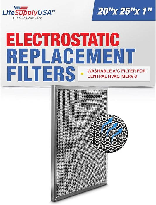 20x25x1 Electrostatic Air Filter, MERV 8, Washable, Reusable Furnace AC/HVAC Filter, Energy Saving, Easy to Clean, Long-Lasting by LifeSupplyUSA