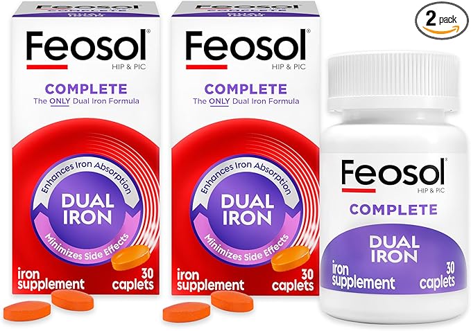 Feosol Complete Iron Supplement Caplets, Bifera Iron for High Absorption, Heme and Non-Heme Dual Action Minimizes Side Effects, 1 Per Day, Energy and Immune System Support, Pack of 2, Total 60 Count