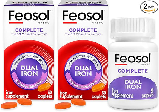 Feosol Complete Iron Supplement Caplets, Bifera Iron for High Absorption, Heme and Non-Heme Dual Action Minimizes Side Effects, 1 Per Day, Energy and Immune System Support, Pack of 2, Total 60 Count