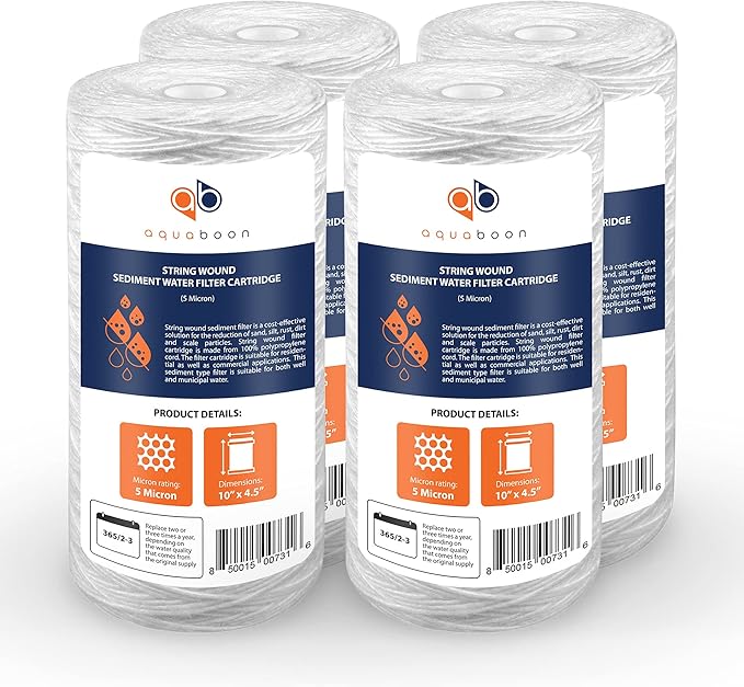 Aquaboon 5 Micron Water Filter 10 x 4.5 inch - String Wound Water Filter for Whole House System - Compatible with 84637, WPX5BB97P, PC10, 355214-45, 355215-45, WP10BB97P, WP5BB97P (4 Pack)
