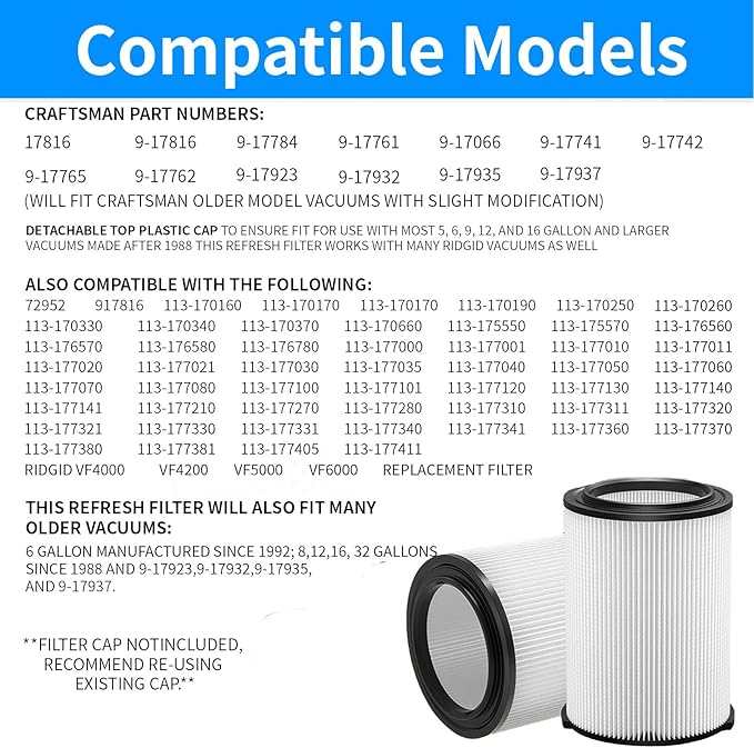 2 Pack VF6000 5-Layer Filter Replacement for Ridgid Wet Dry 5-20 Gallon Wet Dry Vacuums WD5500 WD0671 WD6425 WD7000 WD1280 WD1851 RV2400A RV2600B, 2 Pack VF3502 Shop Vac Bags, 4 Pack Foam Sleeve