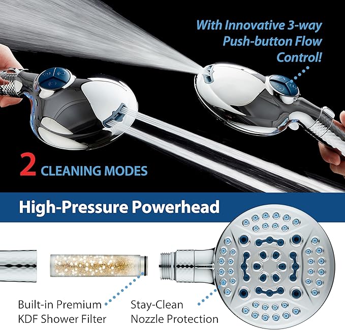 AquaCare High Pressure 6-way Dual Shower Head Combo with Built-in Filter & Power Wash - Clean Tub, Tile & Pets. Remove Chlorine, Lead & Toxins from Water to Protect Skin, Hair, & Nails. Chrome Finish