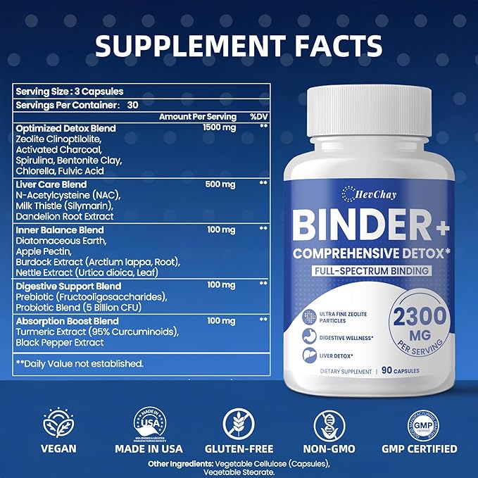 2300 MG Detox Binder Supplement – 17-in-1 Detox Binder, Activated Charcoal, Zeolite, Bentonite Clay – Liver & Gut Detox Cleanse, Toxin Flush, Digestive, Max Absorption, 90 Vegan Capsules