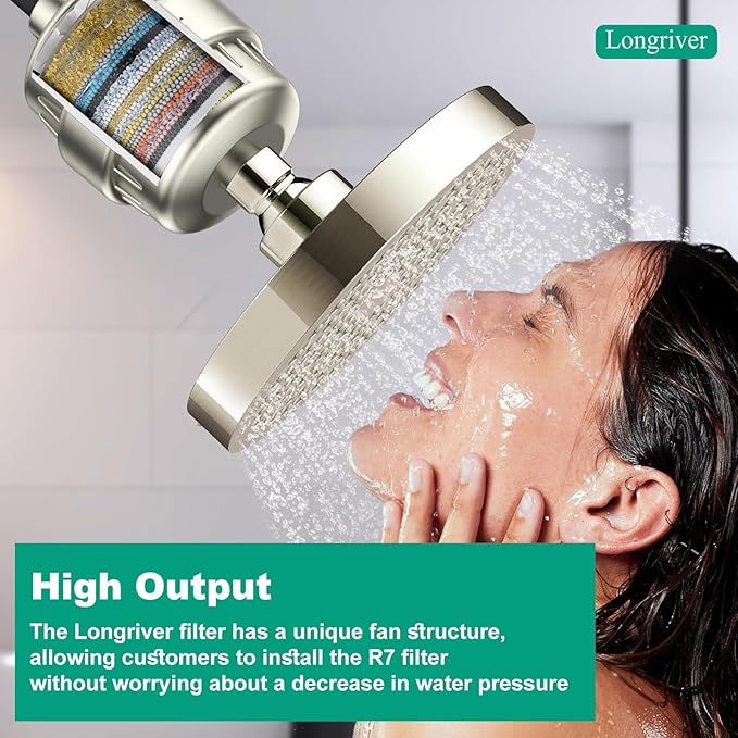 R7 Shower Filter High Put Shower Water Filter for Hard Water 99.99% Remove Chlorine, Shower Water Softener, Improve your skin and hair, Bathroom Fixture Hardware Parts, Brushed Nickel, 2 Pack