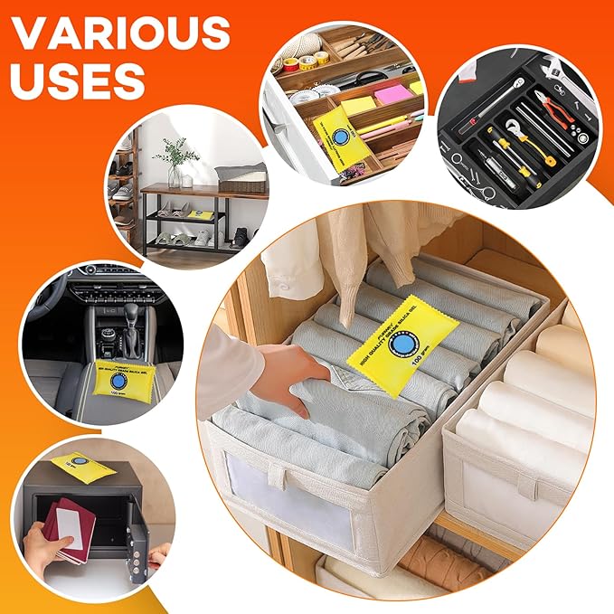 100g (6 Packs) Rechargeable Desiccant Packs for Storage, Color Indicating Silica Gel Desiccant Packets, Moisture absorbers for storage,Dehumidifier bag for Closets,Cars,Storage Bins