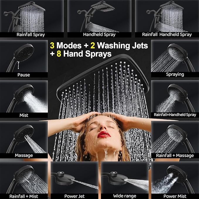 Rain Shower Head with Handheld High Pressure rainfall Shower Heads with Handheld Spray Combo Adjustable one-piece stand daul shower head Built-in Magnetic Docking and Power Jets