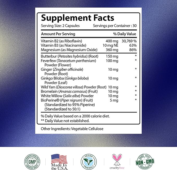 Research Verified Migraine Relief - Dual Action Supplement - Reduce Severity and Duration, Balance Hormones - with Ginger and Ginko Biloba- 60 Capsules Per Bottle - 6 Month Supply