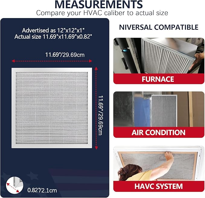 12x12x1 Electrostatic Air Filter, Reusable MERV 8 Aluminum AC/HVAC Furnace Filter, Washable Lifetime Permanent Air Filter, Easy to Clean,Increases Airflow(Actual Size:11.69x11.69x0.82)