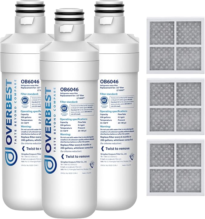 Overbest LT1000PC ADQ747935 Refrigerator Water Filter and Air Filter, Replacement for LG® LT1000P®, ADQ74793501, ADQ74793502, Kenmore 469980, 9980 and LT120F®, 3 Combo