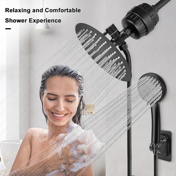 NearMoon Filtered Shower Head, High Pressure 8″Round Rain Shower and 5 settings Handheld Shower Filter Combo with Self-adhesive Holder/1.5M Hose -1 Replaceable Filter Cartridge (Matte Black)