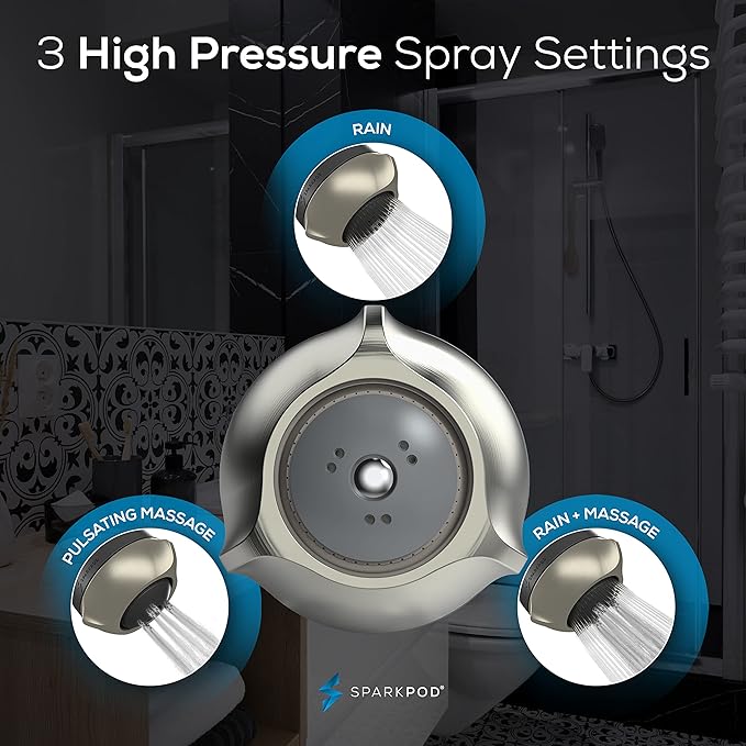 SparkPod 3-Inch Extreme High Pressure Shower Heads - Pressure Boosting with Rain, Massage & Pulsating Mode, Powerful Water-Saving Showerhead - 2.5 GPM Fixed Shower Head (Elegant Brushed Nickel)