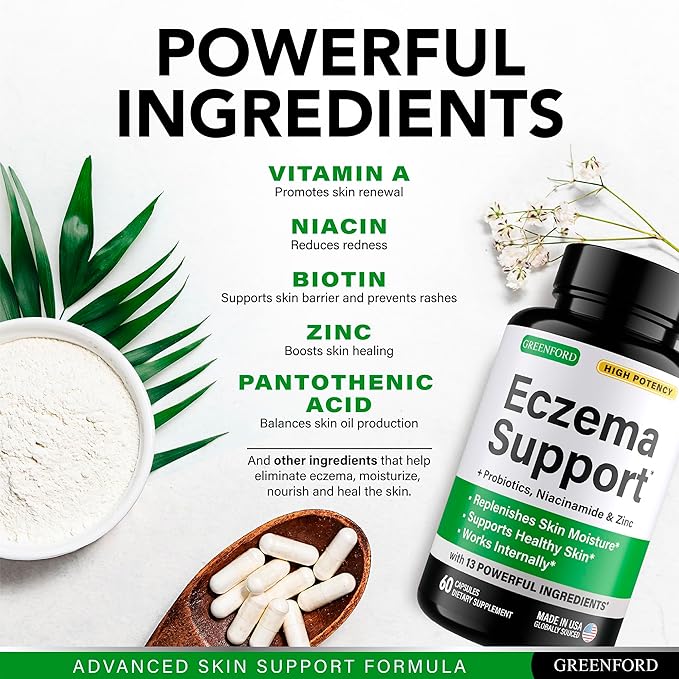 Greenford Eczema Treatment & Support for Natural Relief - Made in USA - Skin Vitamins & Herbals for Eczema, Acne, Psoriasis, Rosacea Treatment with Zinc, Niacinamide & Probiotics - 60 caps