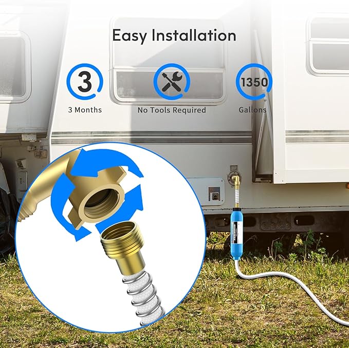 Lifefilter RV Inline Water Filter with Solid Brass 90 Degree Hose Elbow, Eliminates Stress and Strain On RV Water Intake Hose Fittings(3 Pack)