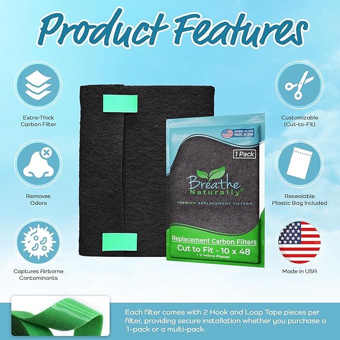 Breathe Naturally Universal Cut To Fit Carbon Activated Air Filter - Replacement Charcoal Filters - Pre Filter Carbon Sheet for Air Purifier, Vent Filters & More - Made in USA (Pack of 1, 10x48)