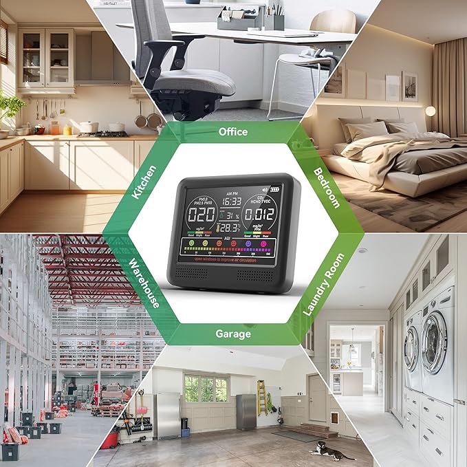 16-in-1 Air Quality Monitor Indoor with 7AQI Beep Alarm, CO2 Monitor, Air Quality Detector with PM1.0 | PM2.5 | PM10 | Temp | HUM | Formaldehyde | VOC Tester for Home Office Plant (Black)