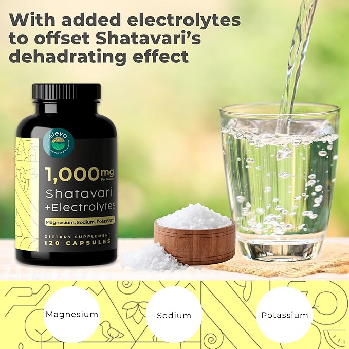 Shatavari Organic Powder Capsules for Women and Men from the Root (Chitabari)- Plus Electrolytes Magnesium, Sodium, Potassium for Enhanced Hydration to Counter Shatavari Powder's Diuretic Effect-120Ct