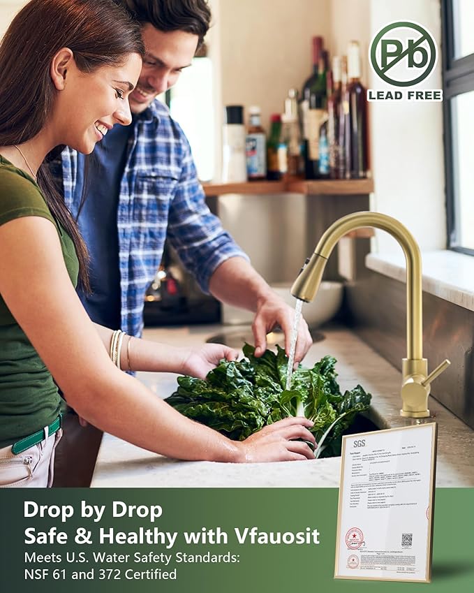 Gold Kitchen Faucet, Brass Kitchen Faucet with Pull Down Sprayer, Single Hole Stainless Steel Brushed Gold Faucet for 3 Hole Kitchen Sink Gooseneck for Commercial Modern Camper RV Farmhouse Bar Sink