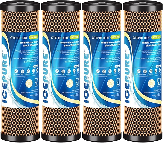 ICEPURE 1 Micron 2.5" x 10" Whole House Water Filter Coconut Shell Activated CTO Carbon and KDF Cartridge for Home, Compatible with WFPFC8002, WFPFC9001, FXWTC, SCWH-5, WHEF-WHWC, AMZN-SCWH-5, 4PACK