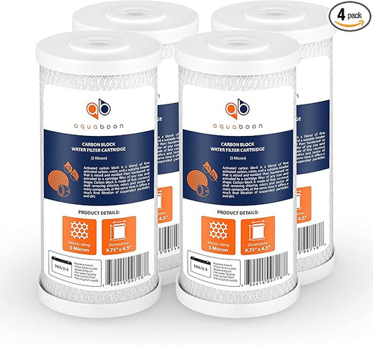 Aquaboon 5 Micron 10x4.5 Carbon Block Water Filters Whole House CTO Water Filter Replacement Cartridge Compatible with FXHTC, CB-BB-10, EP-BB, 4-Pack
