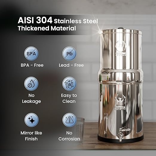 Gravity Water Filter System - 3.25 Gallons - NSF Certified - AISI 304 Stainless Steel Countertop Water Filter System with 2 Smart (Black) Carbon Filter Elements & Free Stainless Steel Water Spigot