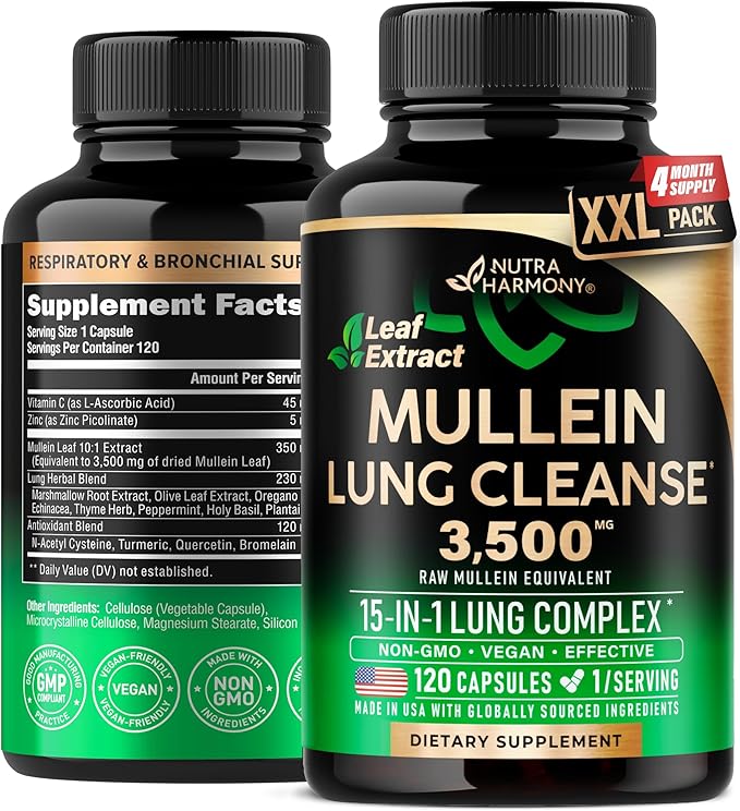 Mullein Leaf Extract for Lung Detox - Marshmallow Root | Echinacea | Oregano | Quercetin | NAC - 15-in-1 Lung Support & Cleanse for Smokers Supplement - Made in USA - As Drops, Tincture - 120 Capsules
