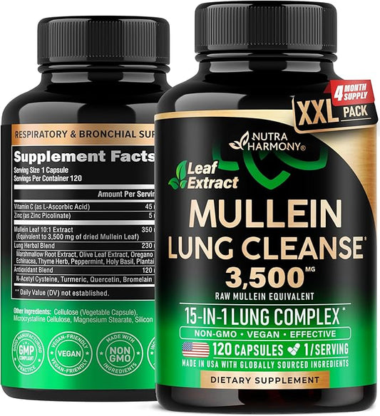 Mullein Leaf Extract for Lung Detox - Marshmallow Root | Echinacea | Oregano | Quercetin | NAC - 15-in-1 Lung Support & Cleanse for Smokers Supplement - Made in USA - As Drops, Tincture - 120 Capsules