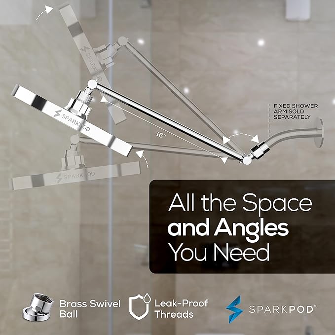 SparkPod Round Rain Shower Head with Extension Arm - Height Adjustable Shower Head with High Pressure Performance - Easy 1-Minute Installation (16" Arm Extension, Luxury Polished Chrome)