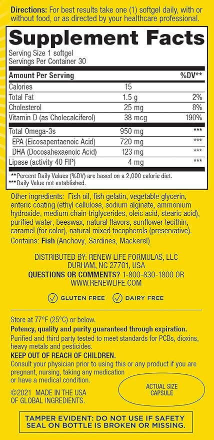 Renew Life Norwegian Gold Super Critical Omega Softgels, Daily Supplement Supports Heart, Brain and Joint Health, EPA and DHA Omega-3 Fish Oil, Dairy and gluten-free, 950 Mg 30 Count