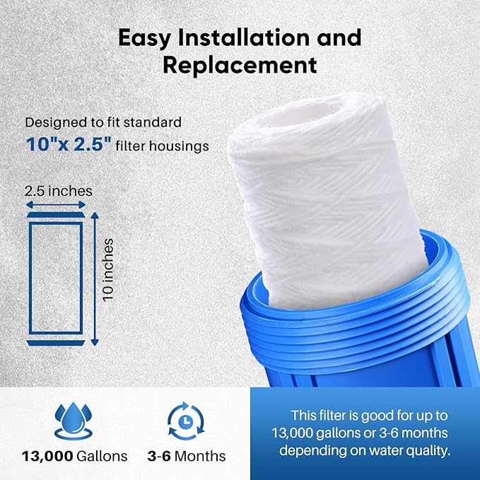 PUREPLUS 10 Micron 10"x2.5" Whole House String Wound Sediment Filter for Well Water, Replacement Cartridge for Universal 10 inch RO System, WP-5, Aqua-Pure AP110, CFS110, Culligan P5,WFPFC4002, 6Pack
