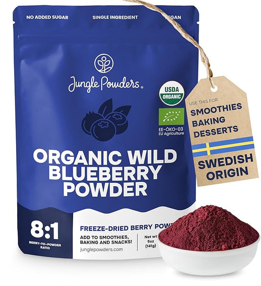 Jungle Powders Wild Blueberry Powder Organic 5 Ounce Bag USDA Certified - Antioxidant Rich Smoothies Freeze Dried Blueberries Organic Blueberry Extract for Baking From Whole Dried Organic Blueberries