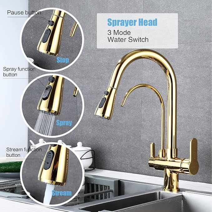 HUAHUALALA Kitchen Sink Faucet with Pull Down Sprayer 2 Handle 3 in 1 Water Filter Purifier Faucets, Brass Drinking Water Faucet Reverse Osmosis Gold