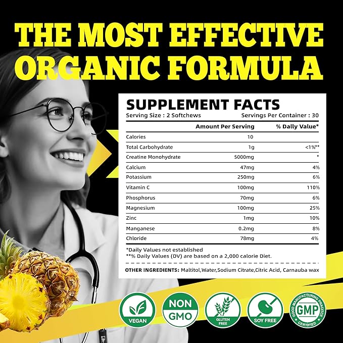 Creatine Monohydrate Chews (5g) – Pre-Workout Energy & Muscle Growth Support for Men & Women | Pineapple Electrolyte Gummies (60 Count)