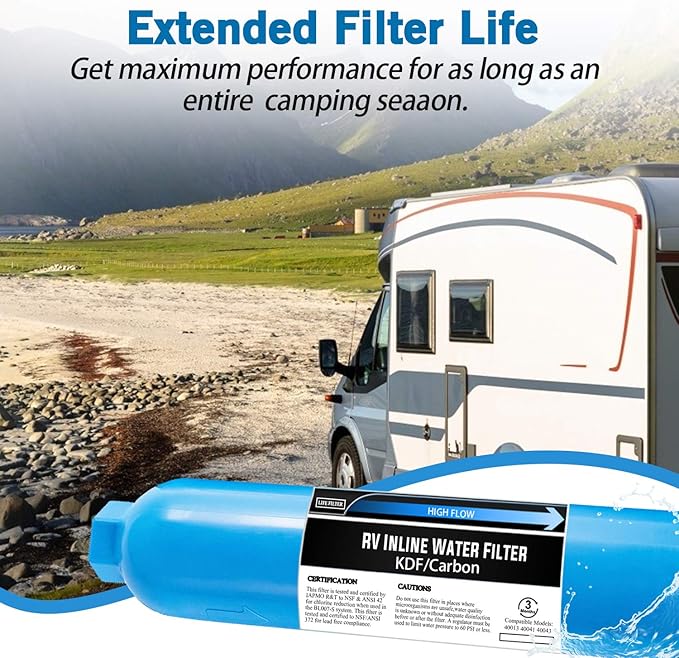 Lifefilter RV Inline Water Filter with Flexible Hose Protector, NSF Certified, Reduces Chlorine, Bad Taste, Odor for RVs and Marines, Drinking, Washing Filter, Dedicated for RVs, 2 Pack