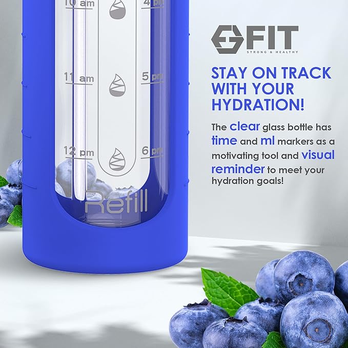 FIT Strong & Healthy 32 oz Glass Water Bottle with Straw Lid, Time Marker, Sleeve & Extra Lid - Motivational, Wide Mouth 1 Liter Glass Drinking Bottle