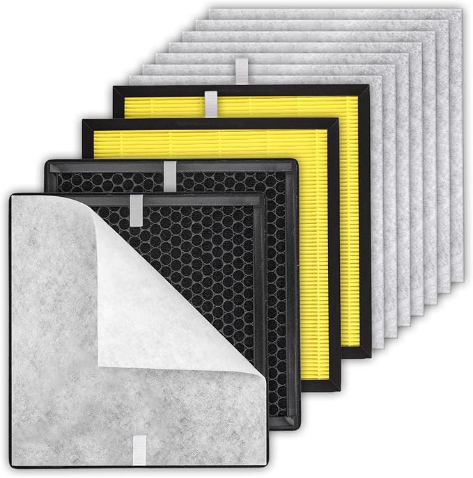 4+8 Pack PR1 Filter Pet Care Replacement Filter for Mooka PR1 Air Purifier, H13 True HEPA Filter, 3-in-1 Activated Carbon Filter for Home Large Room up to 2200sq.ft, with 8 Pieces Washable Pre-Filters