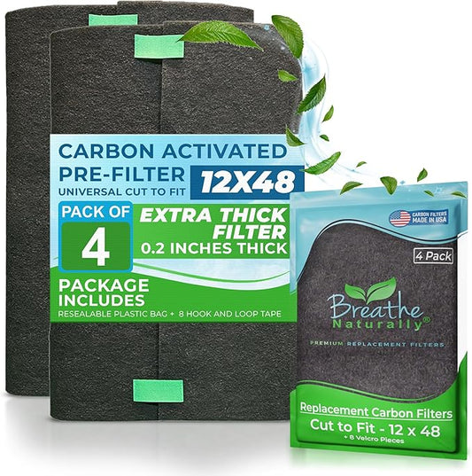 Breathe Naturally Universal 12x48 Cut-to-Fit Activated Carbon Filter (4 Pack) Charcoal Air Filter Sheet for Air Purifiers