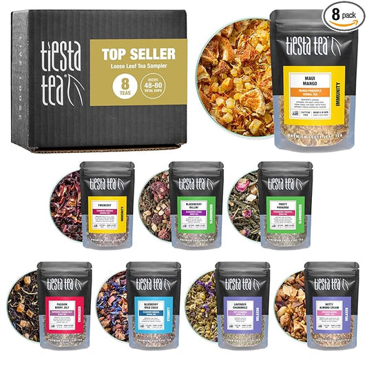 Tiesta Tea - Top 8 Favorites Sampler Set, Loose Leaf, Up to 80 Cups, High to No Caffeine, Hot & Iced, Tea Variety Pack with Green, Herbal, Black & Chai Brew, 8 Sample Pouches
