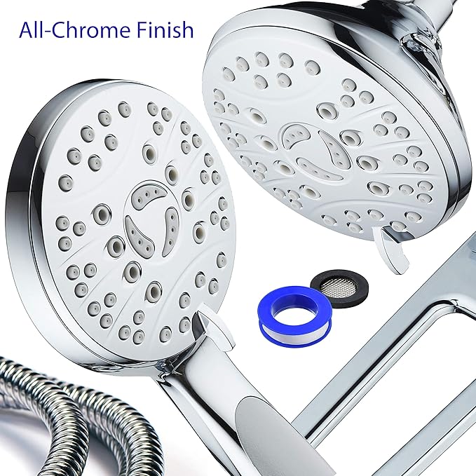 High Pressure 48-mode Luxury 3-way Combo with Adjustable Extension Arm – Dual Rain & Handheld Shower Head – Extra Long 6 Foot Stainless Steel Hose – All Chrome Finish – Top US Brand