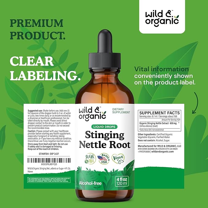 Wild & Organic Stinging Nettle Tincture - Stinging Nettle Root Extract Drops for Men & Women - Liquid Urtica Dioica Supplement - Vegan, Sugar & Alcohol-Free - 4 fl oz