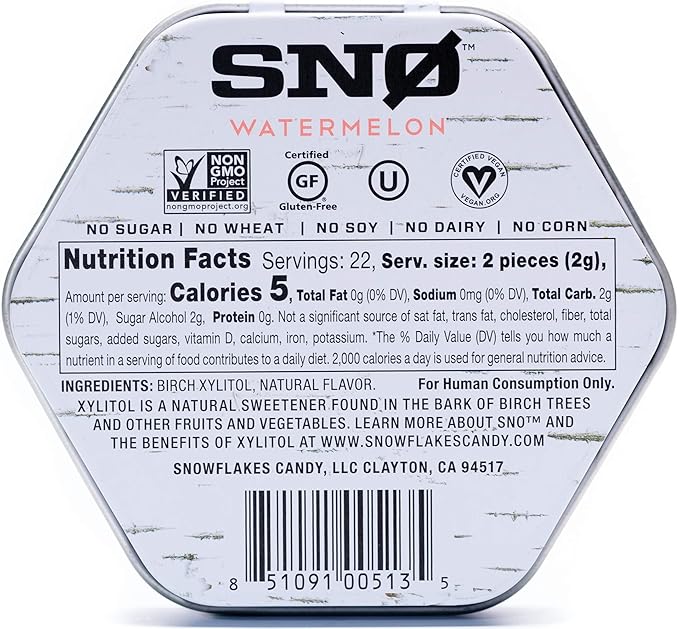 Watermelon KETO Xylitol Candy Chips - SNØ 1.5oz Tin - Sugar-Free Candy With Only 2 Ingredients | Low Carbs, Diabetic-Friendly, Non-GMO, Vegan, GF & Kosher | Purest candy in the world!