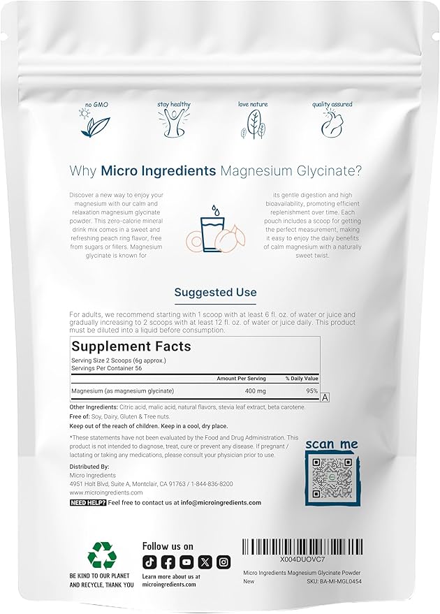Magnesium Powder, 12oz (56 Servings) | Magnesium Glycinate Powder | Sweet Peach Ring Flavored | Sleep, Muscle, Heart & Nerve Health Support | Easily Absorbed | Non-GMO, Vegan, Sugar Free